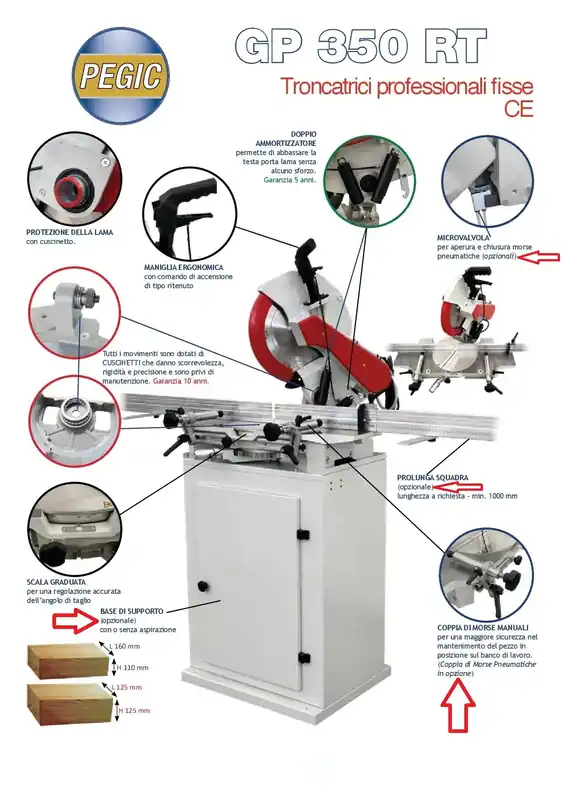 Consegna Rapida Troncatrice per legno Pegic GP 350 RT , 2000W , PROFESSIONALE , trifase 380v solo corpo troncatrice