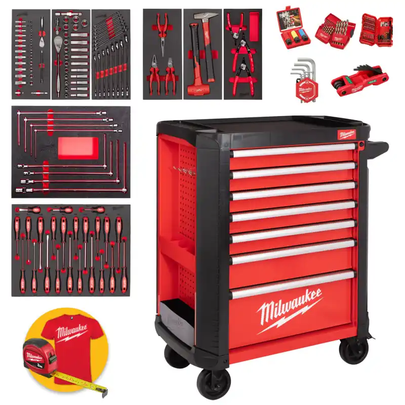 Pagamento Sicuro Milwaukee CP7-AUTO - Carrello portautensili porta attrezzi, rosso - Assortimento automotive 190 pezzi