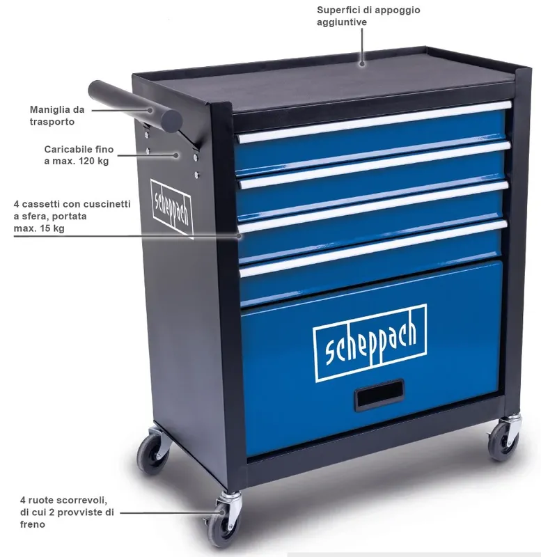 Spedizione Espresso Scheppach tw1300 Carrello porta attrezzi e utensili vuoto 4 cassetti + 1 mobiletto , carico 120 Kg