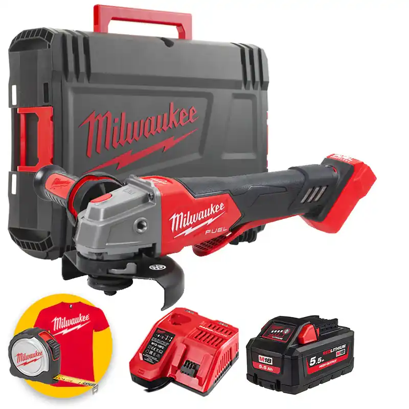 Milwaukee M18 FSAGV125XPDB-551X - Smerigliatrice angolare 18V, interruttore a paletta, velocità regolabile - 1 x 5,5 Ah High Output Professionale