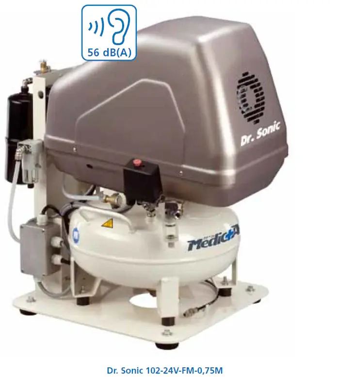 Di Tendenza MedicAir Dr. Sonic 102-24V-FM-0,75M compressore senza olio con essiccatore per laboratori dentistici e odontotecnici , 24 litri 220V 8 Bar