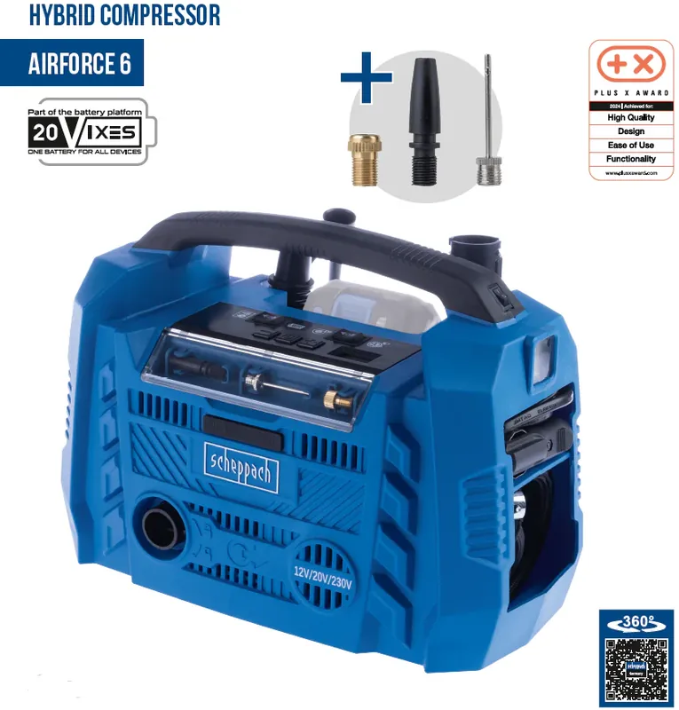 Scheppach air force 6 Compressore compatto mobile 10.3 bar , Funziona a 220V oppure Batteria o presa Auto 12V , con faro Led , solo corpo Super Prezzo