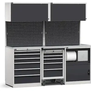 Arredo modulare Fami GARAGE049 piano acciaio, cassettiera, carrello e vano rifiuti, 2040mm Reso Gratuito