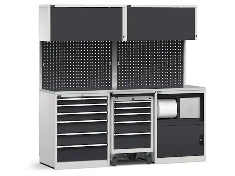 Arredo modulare Fami GARAGE049 piano acciaio, cassettiera, carrello e vano rifiuti, 2040mm Reso Gratuito