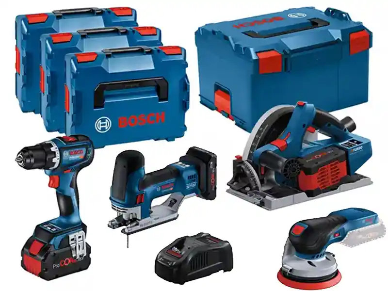 Prezzo Di Fabbrica Bosch Kit trapano, sega immersione, levigatrice e seghetto alternativo con 3 batterie e valigette