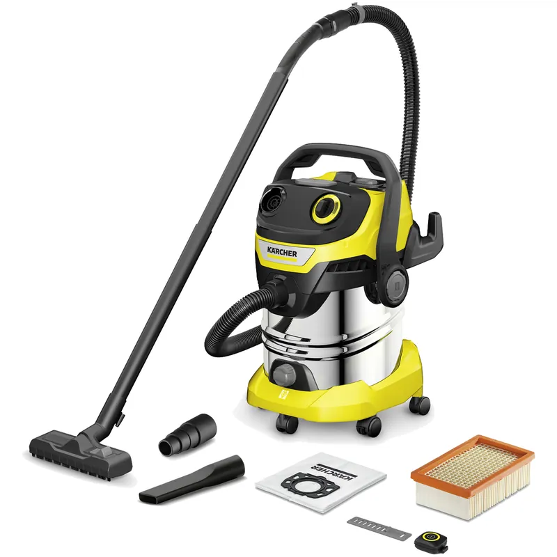 Professionale Aspiratore Solidi e Liquidi KÄRCHER Contenitore in Acciaio Inox con Capienza 25 Litri, Bidone Aspiratutto con Accensione a Distanza Tramite Telecomando Bluetooth, Rilevamento delle Vibrazioni degli Elettroutensili, Funzione Soffiante modello WD 5 Control S
