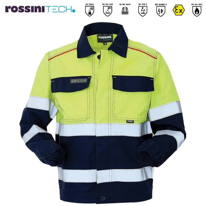 Super Prezzo Giubbino Pentavalente ad Alta Visibilità HV da Lavoro ROSSINI Multitasche con Cerniera Zip Strisce Rifrangenti DPI III Categoria ATEX Antistatico Ignifugo Giacca modello GIUBBETTO TPS